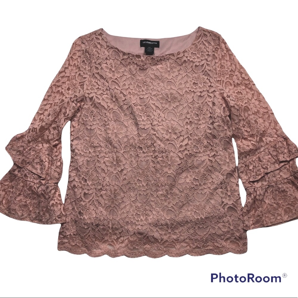 Liz Claiborne Blush Pink Lace Bell Sleeve Blouse size MT